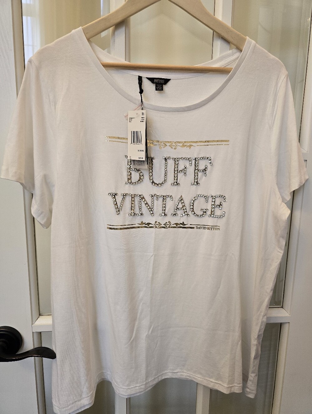 NWT Buffalo David Bitton Dynamo Top XL White Rhinestone "Buff Vintage" Tee